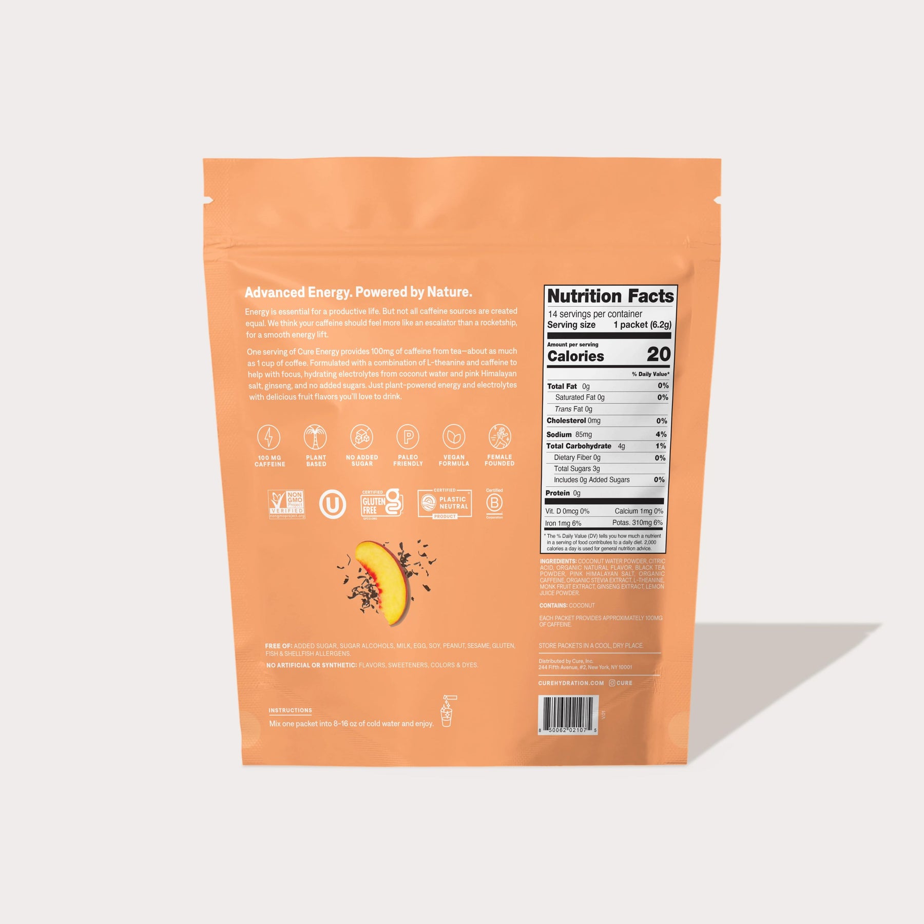 Back of a peach lemonade flavored product package showing nutrition facts and ingredients text