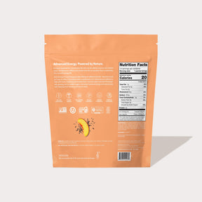Back of an orange food package showing nutrition facts and product information, including calories 20, total fat 0g, sodium 0mg, total carbohydrates 5g, sugars 4g, protein 0g.