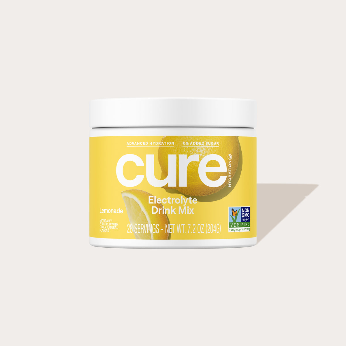 Cure Electrolyte Drink Mix Lemonade flavor jar with label text: Advanced Hydration, 0g Added Sugar, Lemonade, Naturally Flavored with Other Natural Flavors, 28 Servings, Non GMO Project Verified