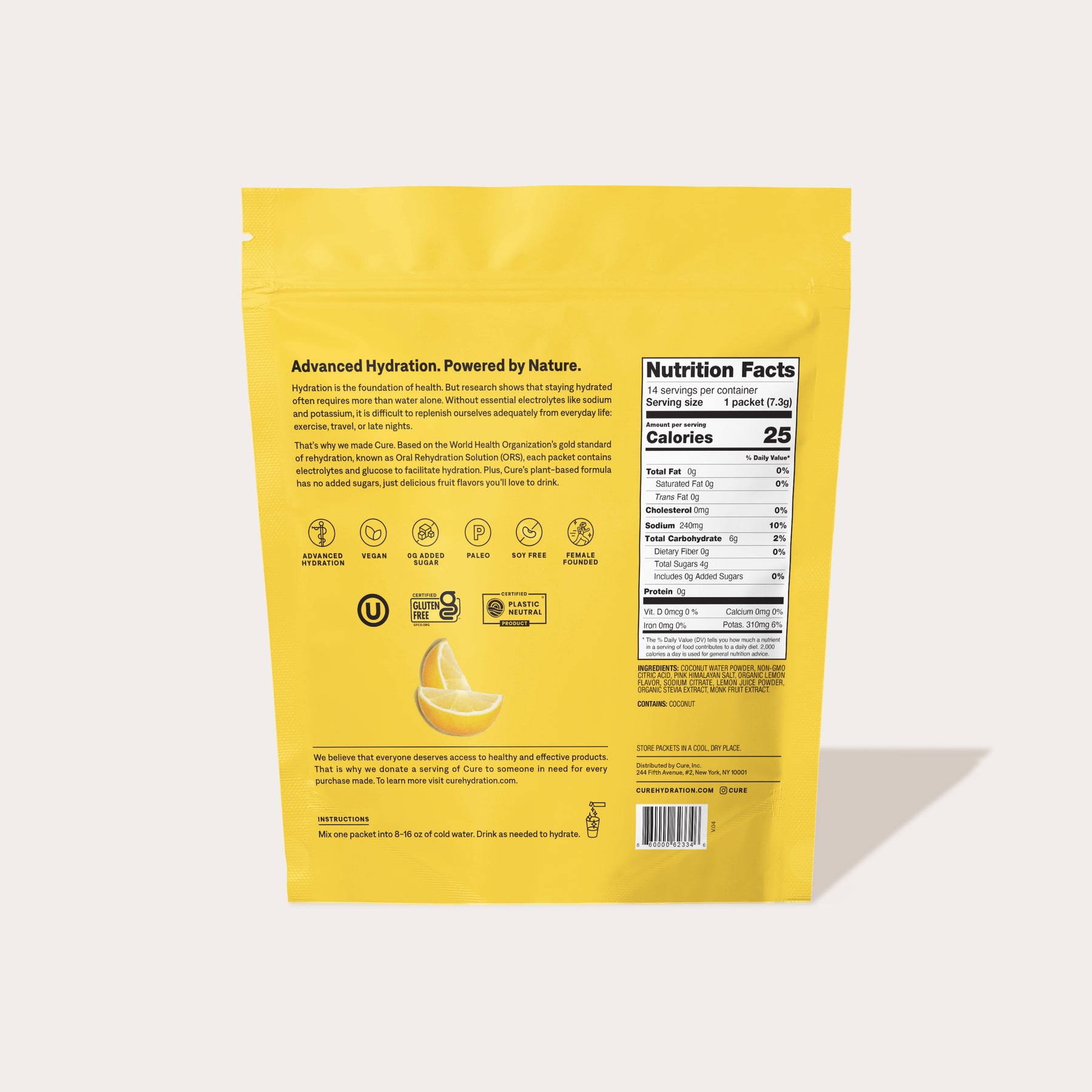Back of yellow product package labeled 'Advanced Hydration. Powered by Nature.' with nutrition facts and a lemon wedge illustration.