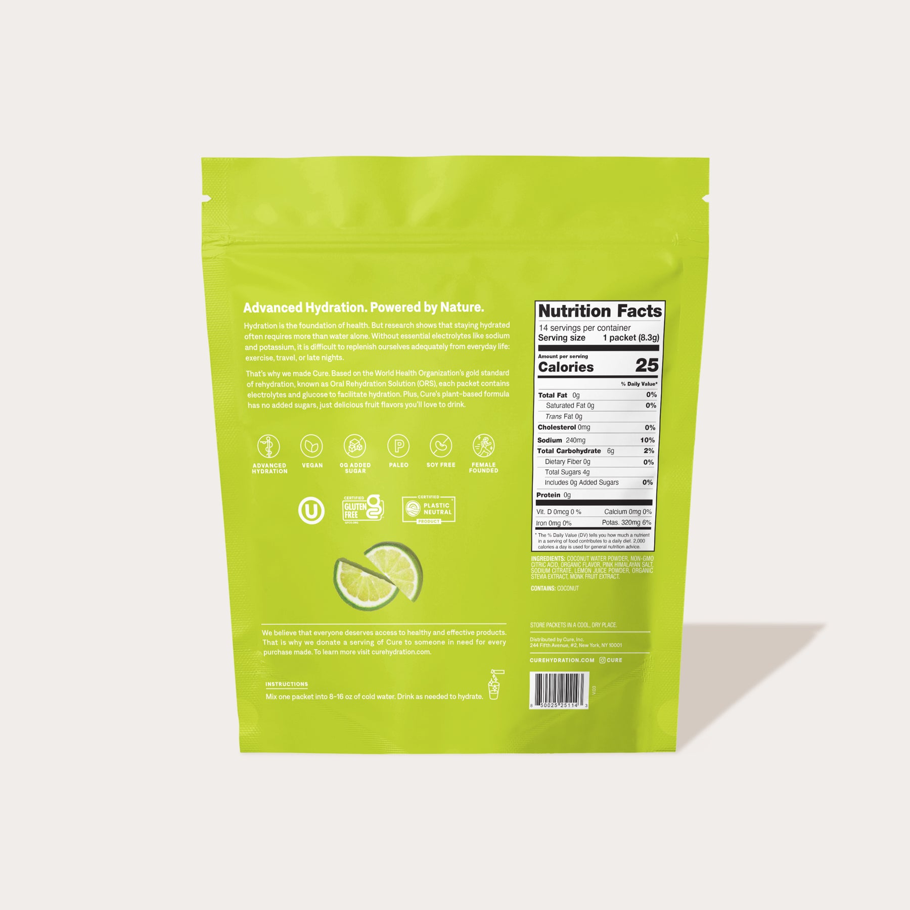Back of a green package labeled with nutrition facts, ingredients, and a barcode, featuring watermelon and lime flavor indication.