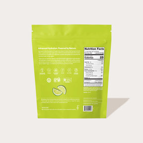 Back of a green package labeled with nutrition facts, ingredients, and a barcode, featuring watermelon and lime flavor indication.