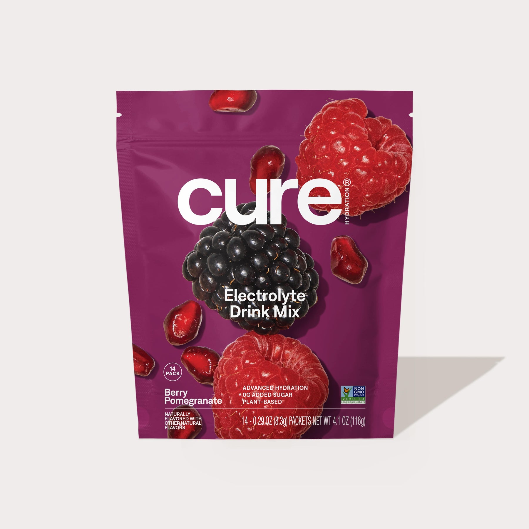 Cure Electrolyte Drink Mix pouch with berry pomegranate flavor, showing blackberries and pomegranate seeds on purple packaging