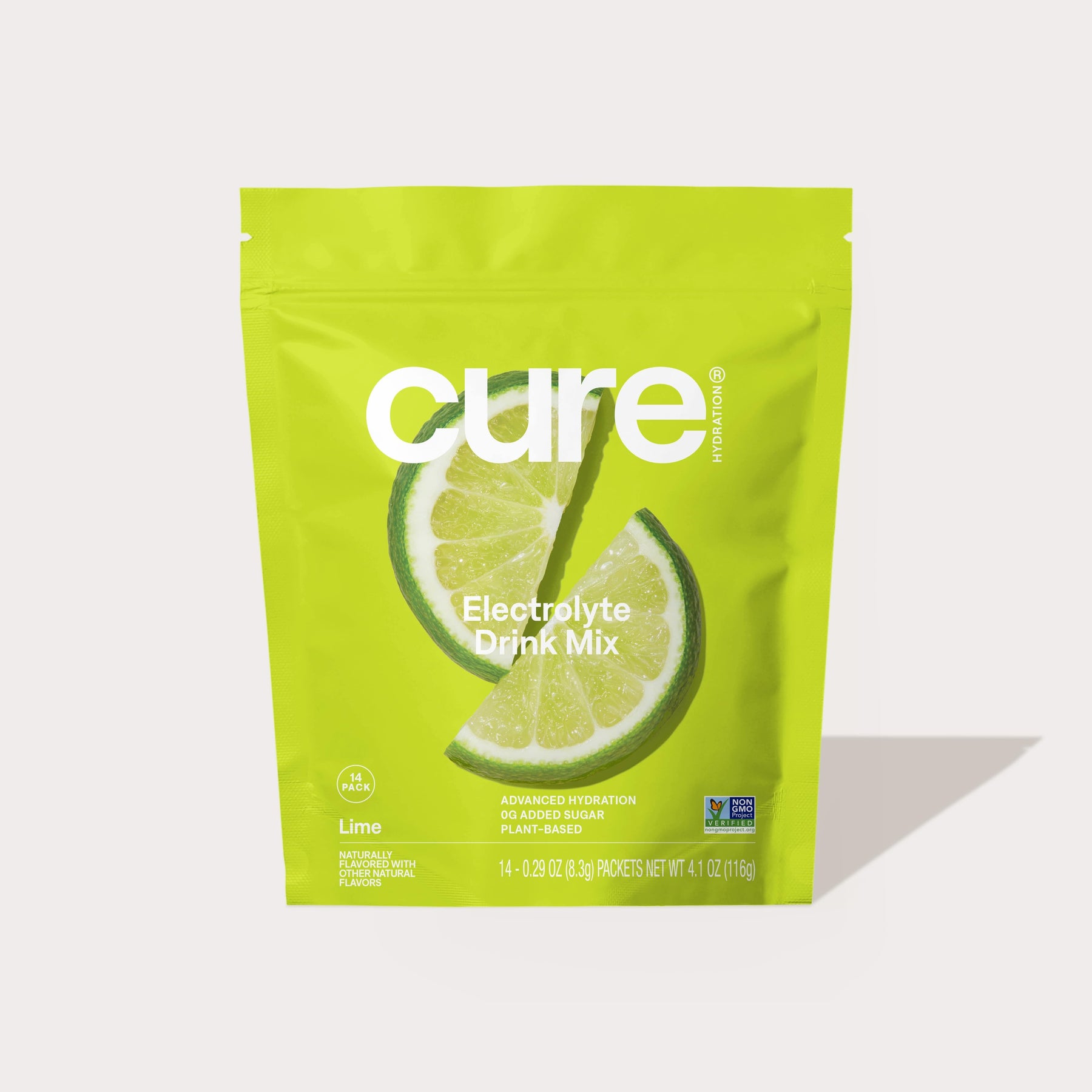 Cure Electrolyte Drink Mix Lime flavor packet with lime slice image on bright green packaging