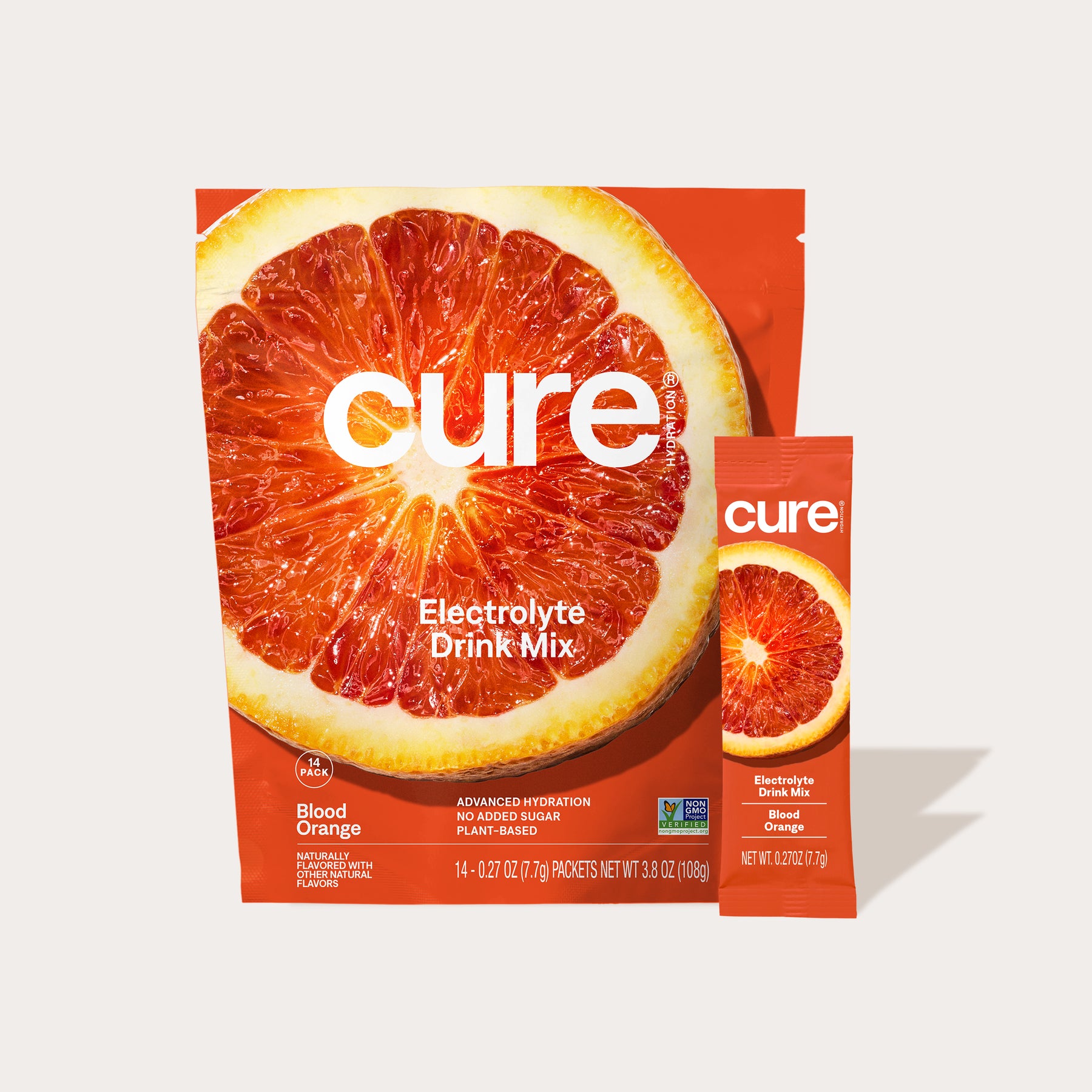 Cure Electrolyte Drink Mix Blood Orange flavor packaging with a large blood orange slice image