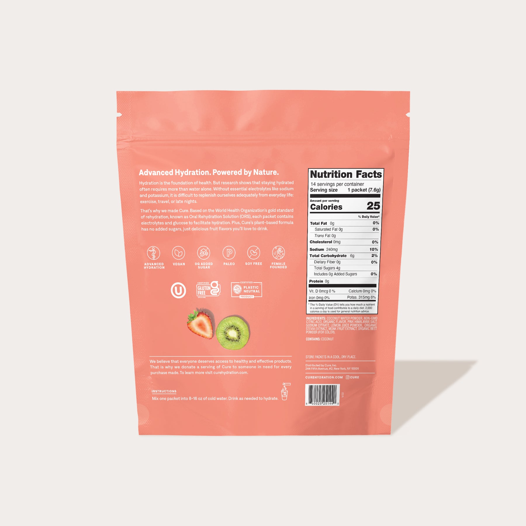 Back of a pink product package showing nutrition facts, icons, and images of a strawberry, kiwi, and watermelon slice.