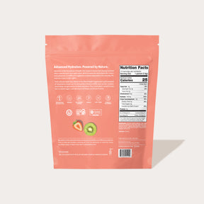 Back of a pink product package showing nutrition facts, icons, and images of a strawberry, kiwi, and watermelon slice.