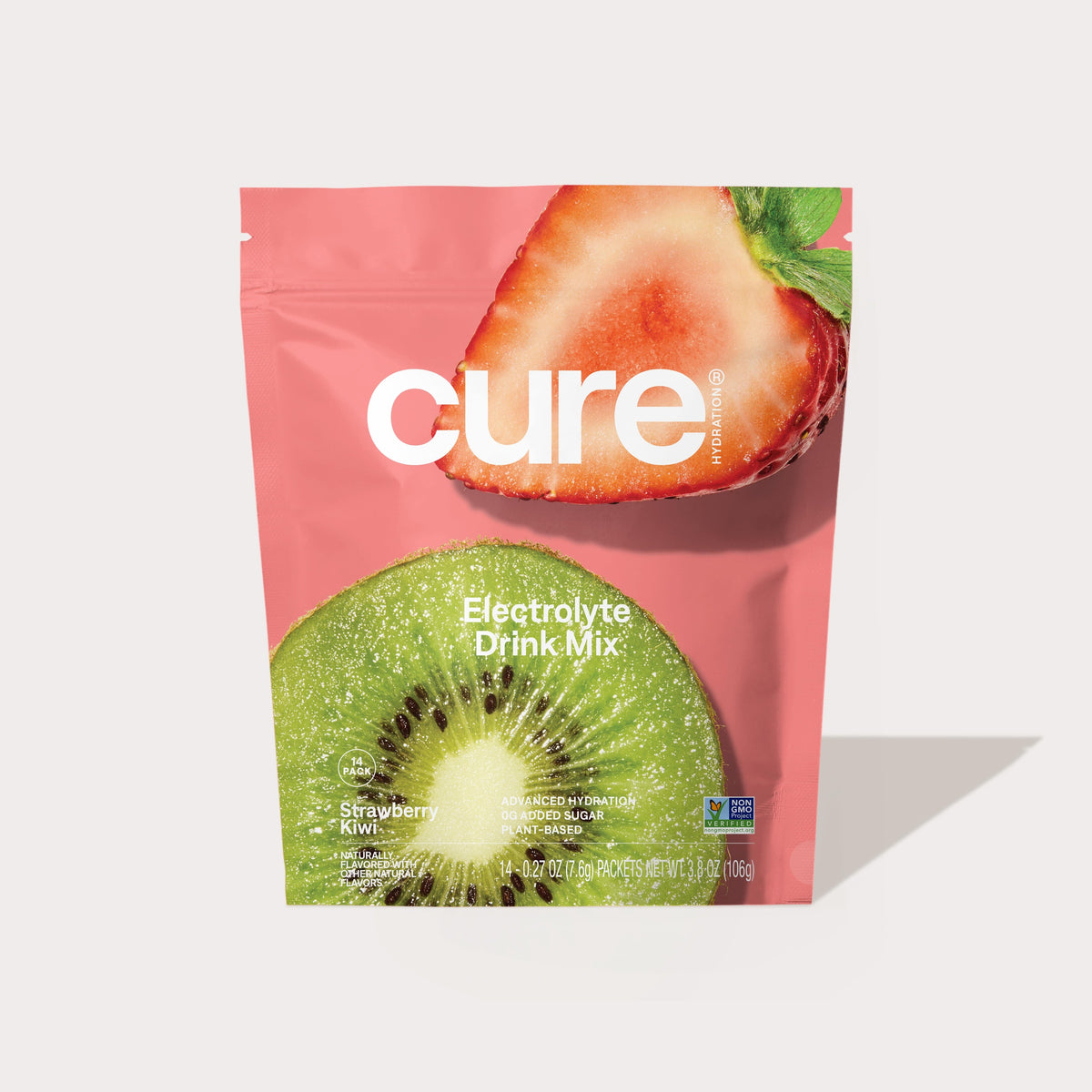 Package of Cure Electrolyte Drink Mix featuring a kiwi slice and a strawberry, with text 'cure Electrolyte Drink Mix' visible