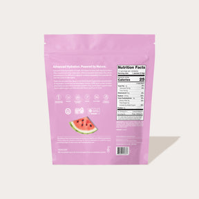 Pink package with a watermelon illustration and nutrition facts label showing 25 calories per serving.