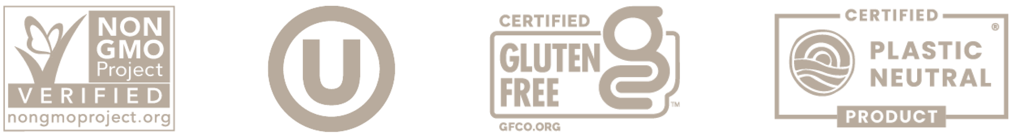 Multiple certification badges: Non-GMO Project Verified; Orthodox Union Kosher (OU) certified; Gluten-Free Certification Organization (GFCO.org) certified; Certified Plastic Neutral Product
