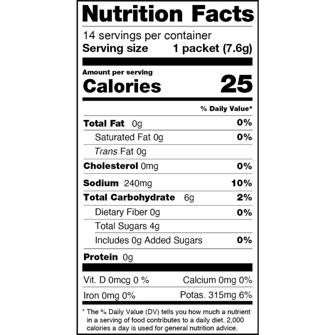 Nutrition Facts label for Strawberry Kiwi Sample Stick showing 14 servings per container, 25 calories per serving, 0g total fat, 240mg sodium, 6g total carbohydrates, and 0g protein.