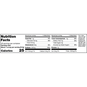 Nutrition Facts for Berry Pomegranate Bulk Jar: 28 servings per container, serving size 8.3g, 25 calories per serving, 0g total fat, 0mg cholesterol, 240mg sodium, 6g total carbohydrates, 4g sugars, 0g added sugars, 0g protein, 300mg potassium.